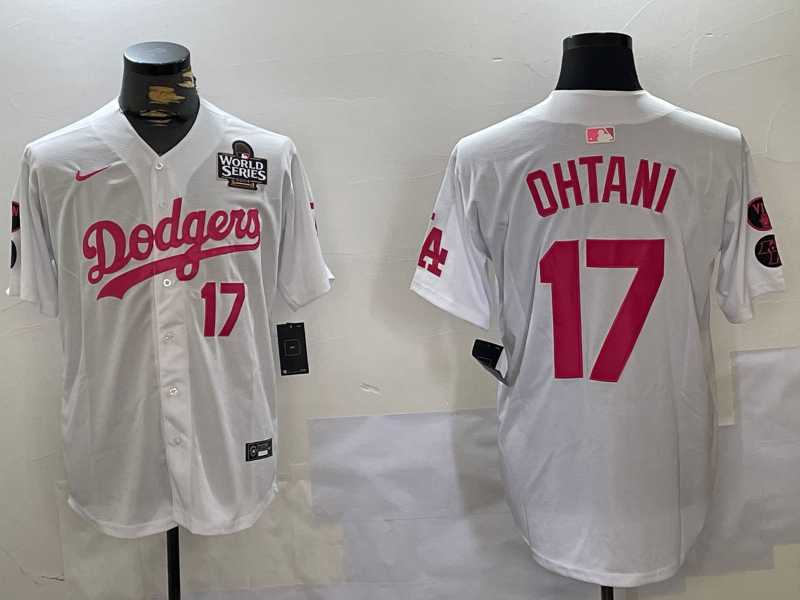 Men%27s Los Angeles Dodgers #17 Shohei Ohtani Number White Pink 2024 World Series Limited Cool Base Stitched Jersey